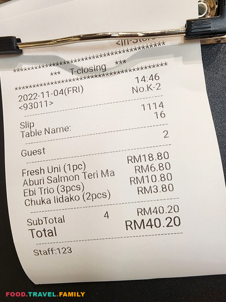 Our bill for sushi at Sen Sen Sushi Restaurant